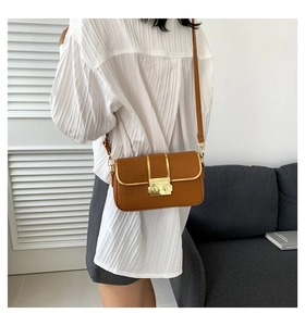 Detail of brown crocodile pattern crossbody bag with golden metal lock and square flap