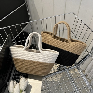 Sac À Main Fourre-Tout Tissé Color Block Corde De Coton Paille Sac Seau Design Contrasté Plage D'Été Décontractée