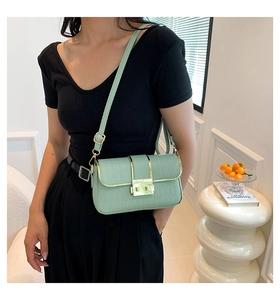 Detail of mint green crocodile embossed square bag with elegant gold buckle and strap