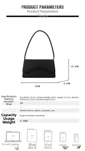 Detailed size chart for black PU leather handbag with strap measurements and capacity specs