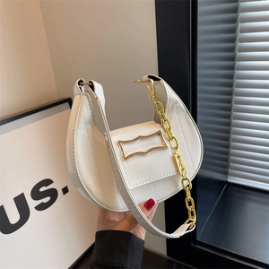 Fashionable white half-moon underarm bag with gold buckle and chain strap for women