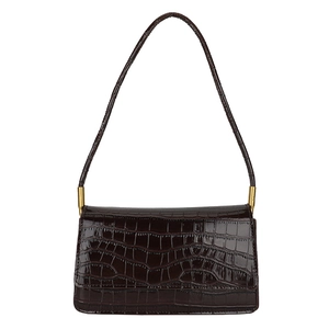 Sac baguette minimaliste en cuir verni marron foncé avec motif crocodile et boucles dorées