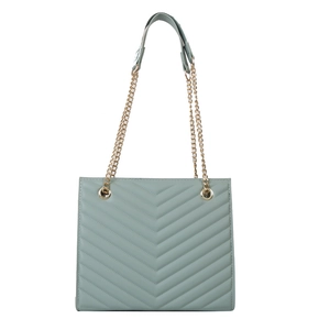 Pale green quilted tote bag with V-shaped stitching and golden metal chain straps