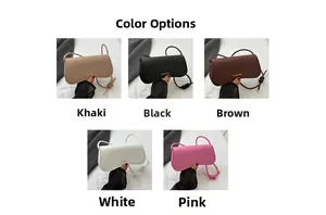 Vue détaillée de sacs à bandoulière semi-circulaires en kaki, noir, marron, blanc et rose
