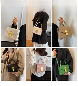 Collage of minimalist leather crossbody handbags in six colors with gold metal clasps