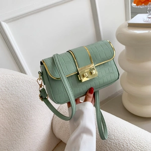 Sage green crocodile pattern small square shoulder bag with elegant gold metal clasp