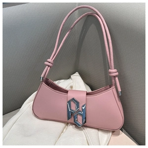 Close-up of pink PU leather baguette bag with silver RD metal buckle and knotted strap