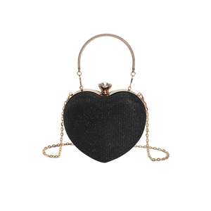 Sparkly black heart evening clutch bag with rhinestone clasp and gold chain strap
