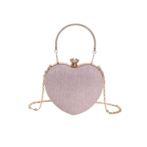 Glitter heart-shaped evening bag in pink purple with rhinestone clasp and gold chain