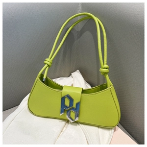 Detailed close-up of lime green leather shoulder bag with silver PD metal logo and knotted strap