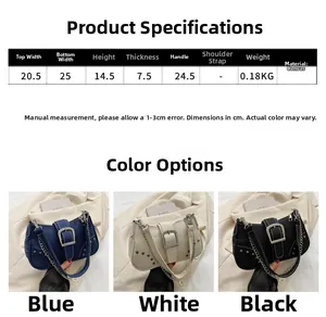 Size chart showing dimensions for the canvas underarm bag with blue white and black colors
