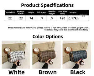 Detailed size chart and dimensions for the cylindrical checkered crossbody bag