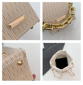 Detail shots of wave textured bag featuring gold hardware, chain handle and metal feet