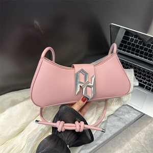 Pink crescent moon underarm bag with silver metal letter buckle and smooth PU finish