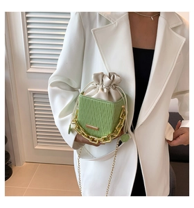 Detail of light green pleated bucket bag with gold chain and cream drawstring liner