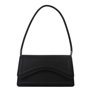 Minimalist black rectangle underarm bag with wavy flap design and gold hardware