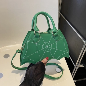Borsa a mano creativa a forma di pipistrello in pelle PU verde con cuciture bianche