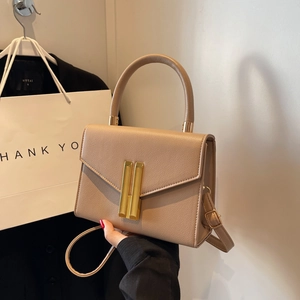 Chic khaki faux leather crossbody square bag with gold metal buckle and top handle