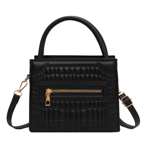 Fashionable black crocodile pattern handbag with gold zipper and adjustable shoulder strap