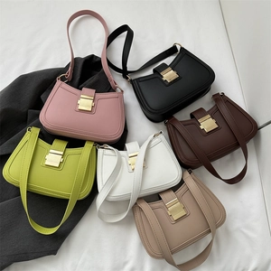 Women Underarm Bag PU Leather Solid Color French Retro Style Shoulder Baguette Bag With Gold Metal Buckle Minimalist