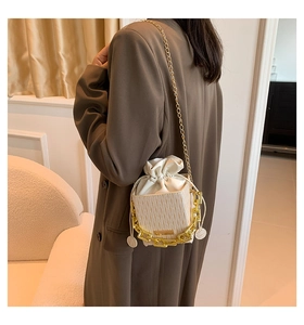 Detailed shot of beige pleated drawstring bucket bag with elegant gold chain on coat
