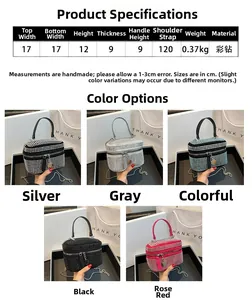 Size guide and color options for the sparkling rhinestone mini handbag with chain strap