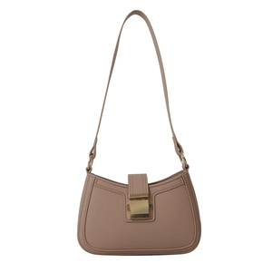 Minimalist beige underarm bag with gold metal buckle and contrast stitching on white background