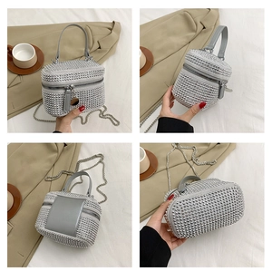 Detail shots of a silver-grey box bag with metal rivets and chain strap in a grid layout