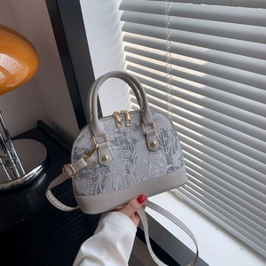Vintage neo-Chinese shell bag in grey with mountain embroidery and golden hardware