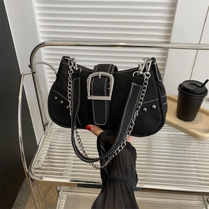 Retro canvas underarm bag with white stitching and silver metal buckle in punk style
