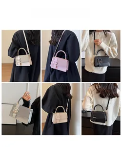 Multiple views of stylish mini square bags in white, pink, and black colors on a model