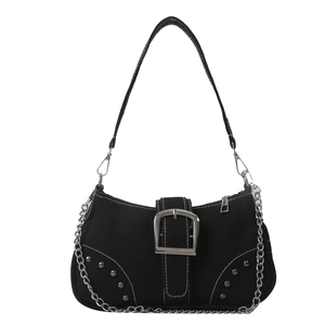 Vintage black canvas shoulder bag with silver studs, buckle detail and metal chain