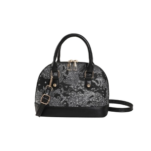 Chic black shell-shaped handbag with white sea pattern print and golden hardware