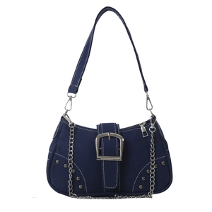 Retro dark blue canvas underarm bag with metal buckle and contrast stitching
