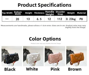Size chart and color options for quilted PU leather chain bag with dimensions details