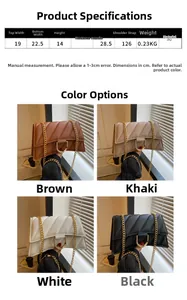 Detailed size chart and multi-color view of stylish chain crossbody hourglass bag