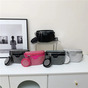 Women Sparkly Rhinestone Crossbody Shoulder Saddle Bag With Wide Patterned Strap And Round Mini Pouch PU Leather