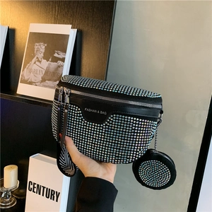 Fashionable black crossbody bag with multi-color rhinestones and wave patterned wide strap