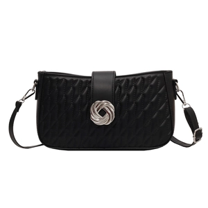 Classic black quilted shoulder bag with a silver round buckle and adjustable strap