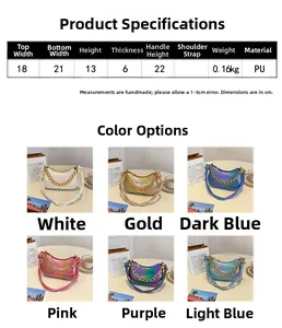 Size chart for crescent shoulder bag detailing PU material dimensions and 6 metallic colors