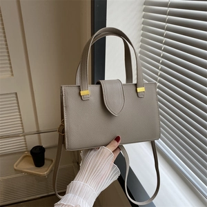 Gray lychee grain PU leather square handbag with golden buckle and crossbody strap