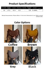 Detailed size chart and multi-color options for crescent tassel rivets shoulder bag