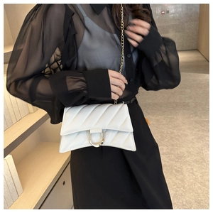 Detailed shot of white quilted crossbody bag with golden D-clasp and chain strap