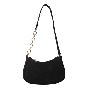 Minimalist black V-quilted shoulder bag with gold chain strap on white background