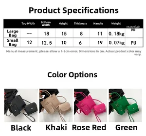 Size chart showing dimensions for the quilted PU leather handbag set in four colors