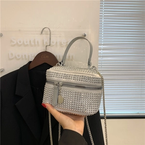 Elegant silver rhinestone box crossbody bag with metal chain strap and top handle