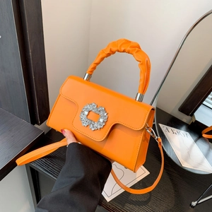 Elegant orange rhinestone handbag with ruched handle and shoulder strap for women