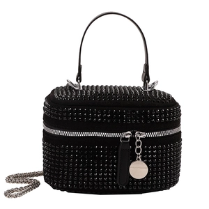 Chic black rhinestone box bag with chain strap and dual zipper closure for evening wear