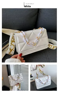 Macro detail of white PU leather bag featuring geometric embossing and acrylic chain