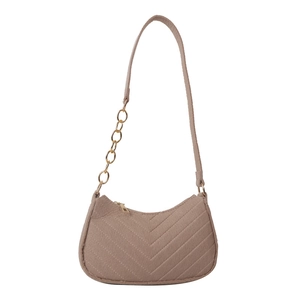 Brown felt shoulder bag with chevron quilting and golden chain strap for women